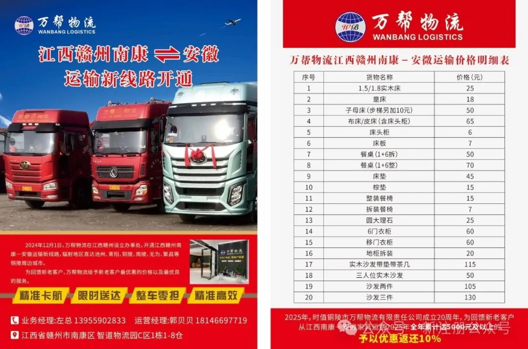 銅陵市萬幫物流有限責任公司江西贛州南康-安徽運輸新線路”